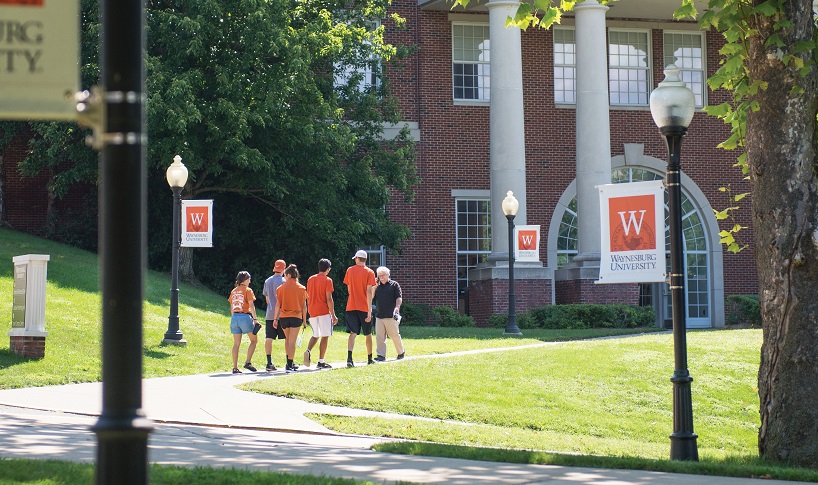 students walking outside Stover