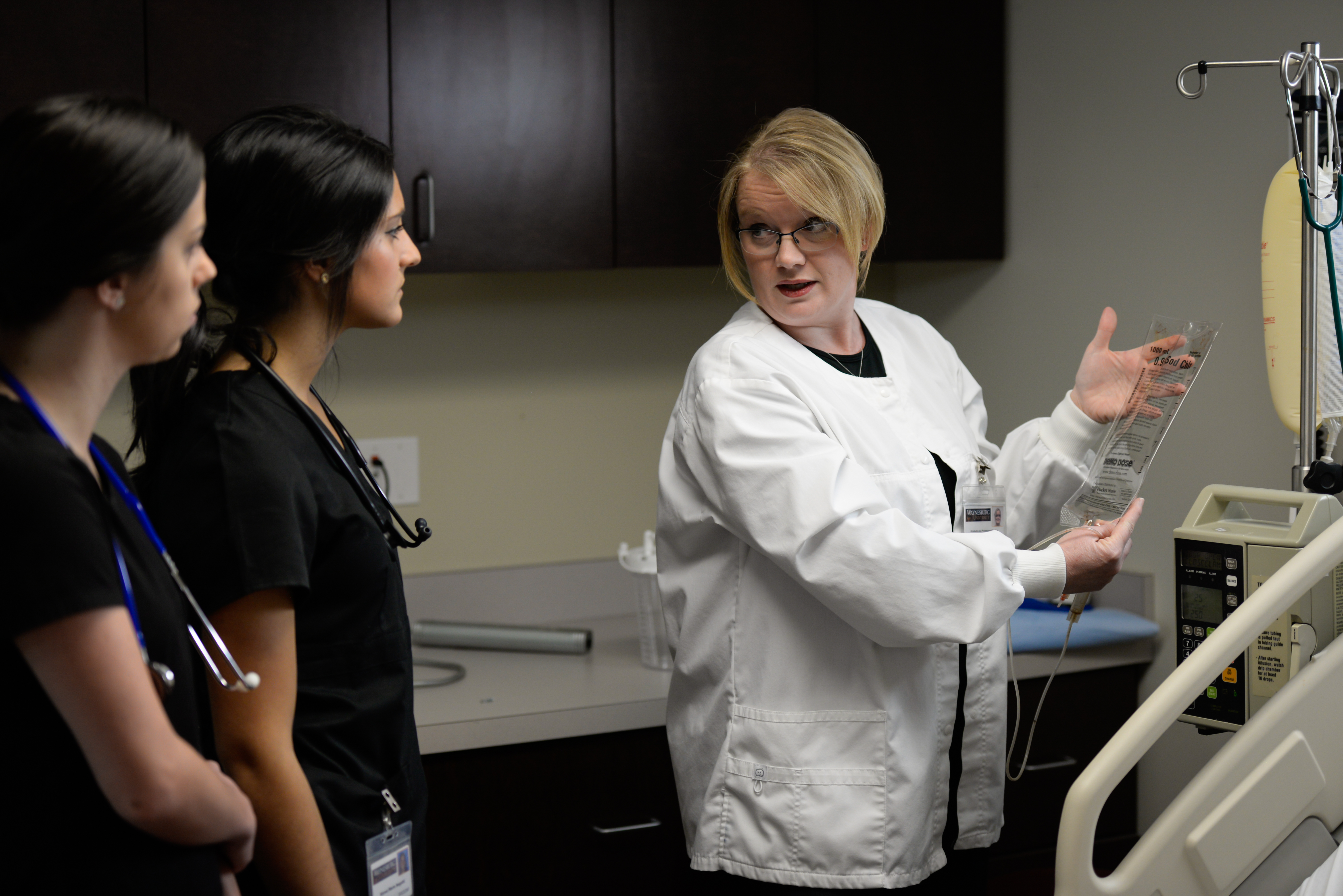 Paula Sexton, instructor of nursing at Waynesburg University, interacts with two graduate students.
