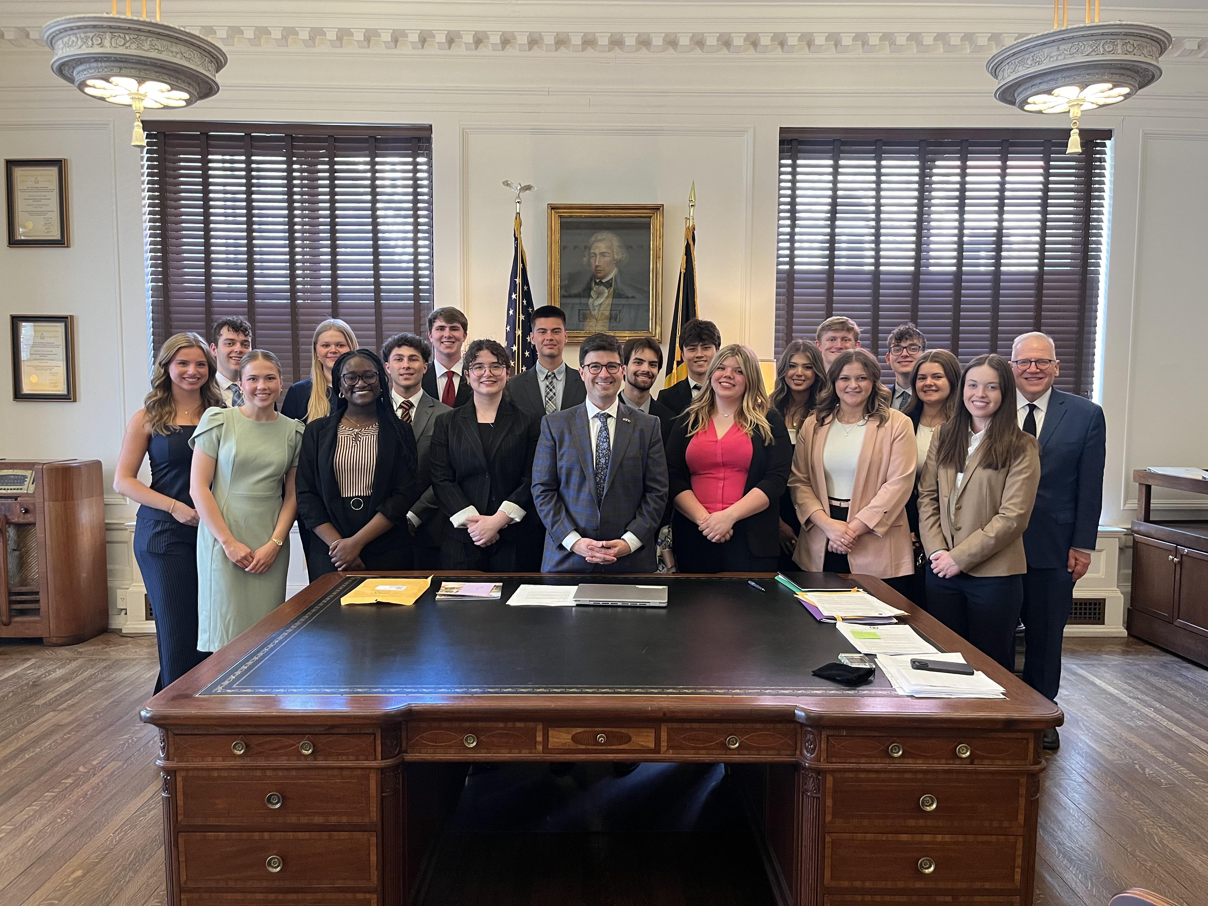 Pittsburgh mayor Corey O'Connor pictured with the Stover Scholars and Dr. Stratton