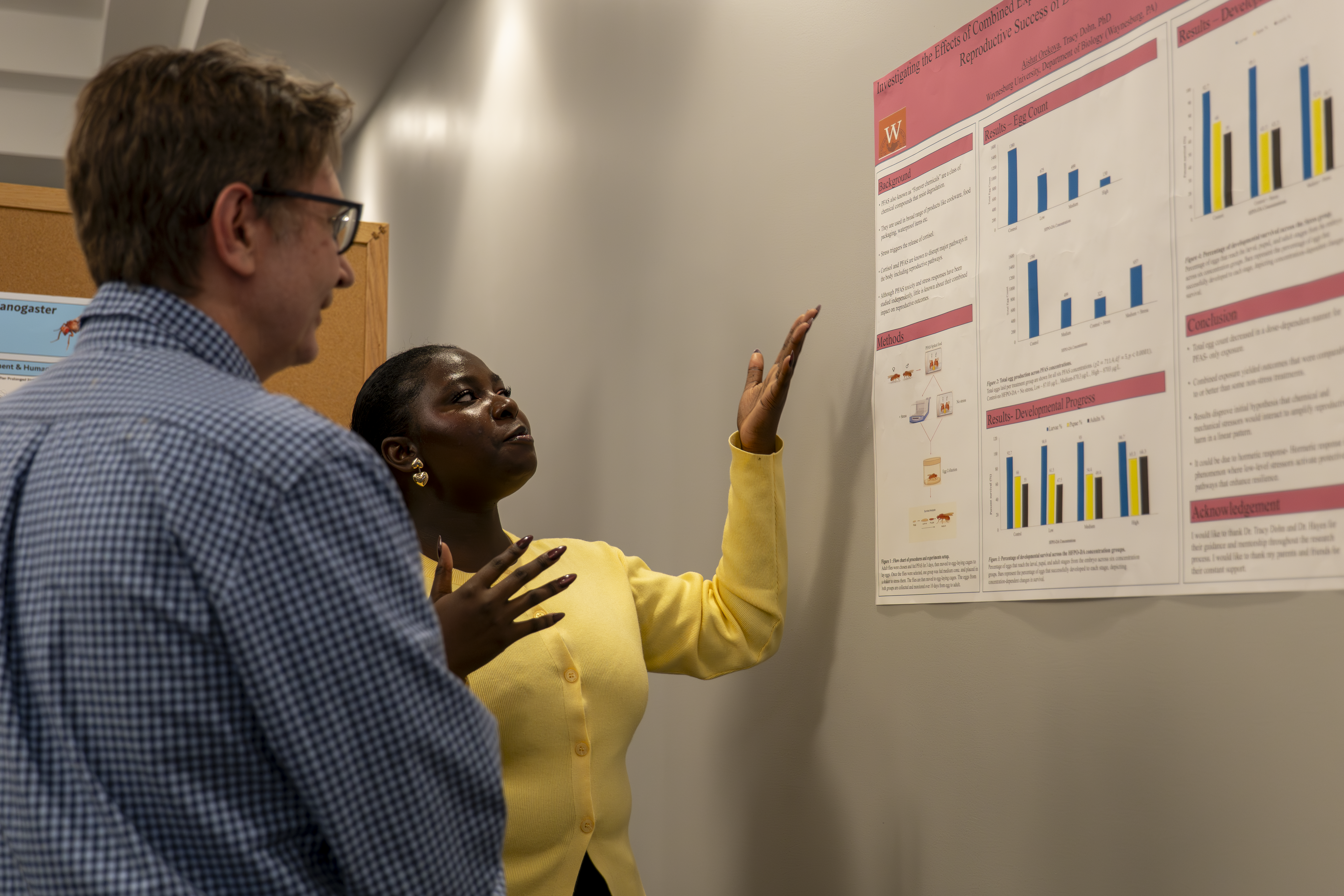 Student presenting research poster to Dr. Chris Cink