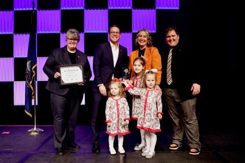 Maddie (Snyder '11) Loring and her family pictured with Dr. Carrie Rowe (left), Acting Secretary of Education, and Pennsylvania Governor Josh Shapiro