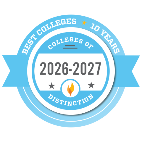 Blue and white "2026-2027 Colleges of Distinction - 10 Years" badge with grey writing and a two-toned orange flame in the center