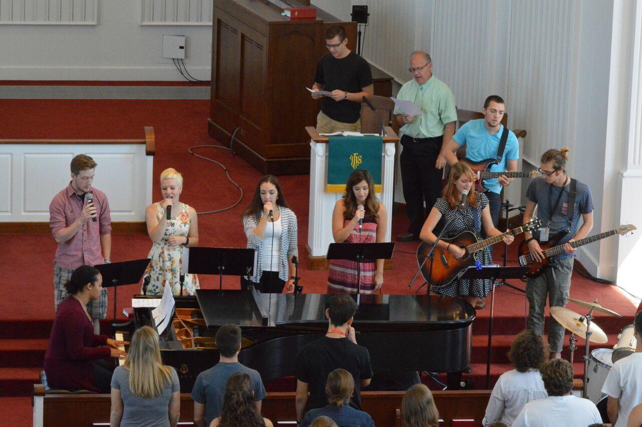 The Worship Band performs in the front of Roberts Chapel.