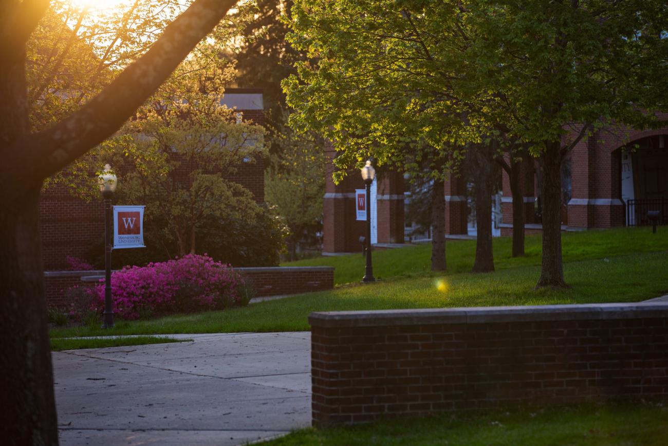 Johnson Commons, an outdoor park area on the campus of Waynesburg University, in the spring