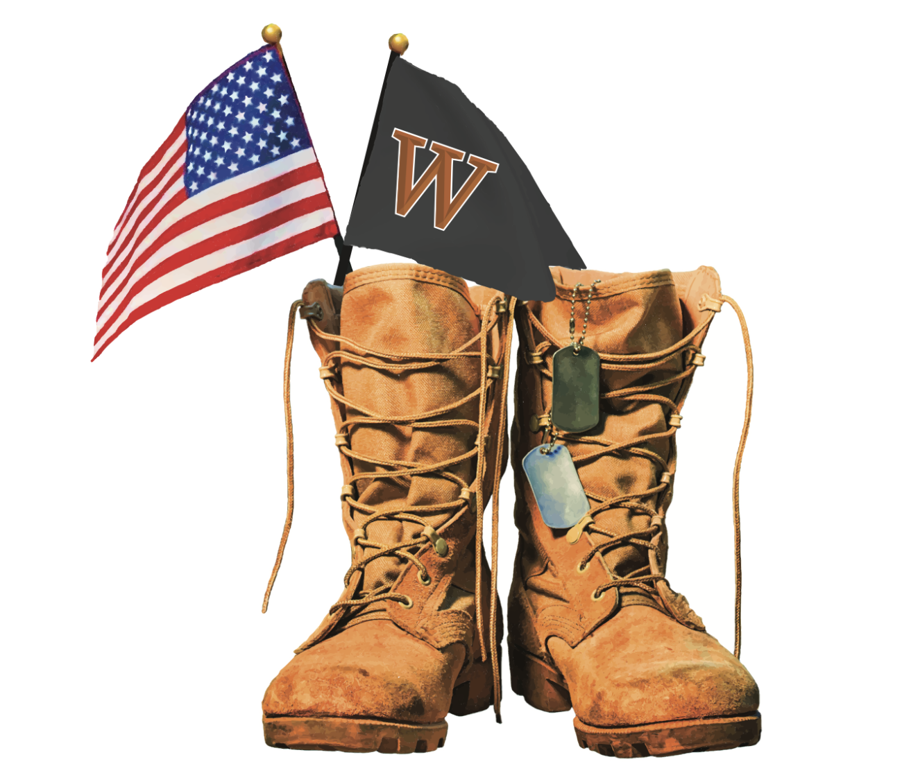 Military Boots With An American Flag and a Waynesburg Monogram Flag