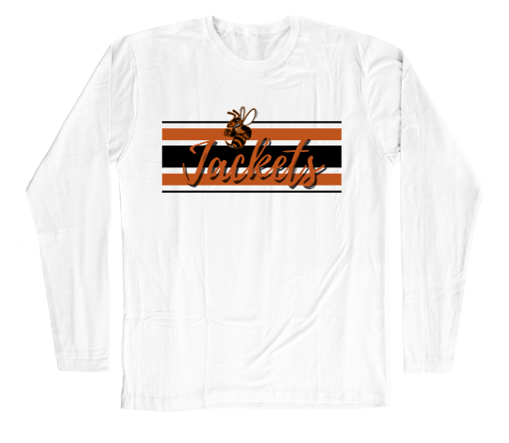 White long sleeve shirt with orange and black colored bars with Sting in the middle and the word Jackets
