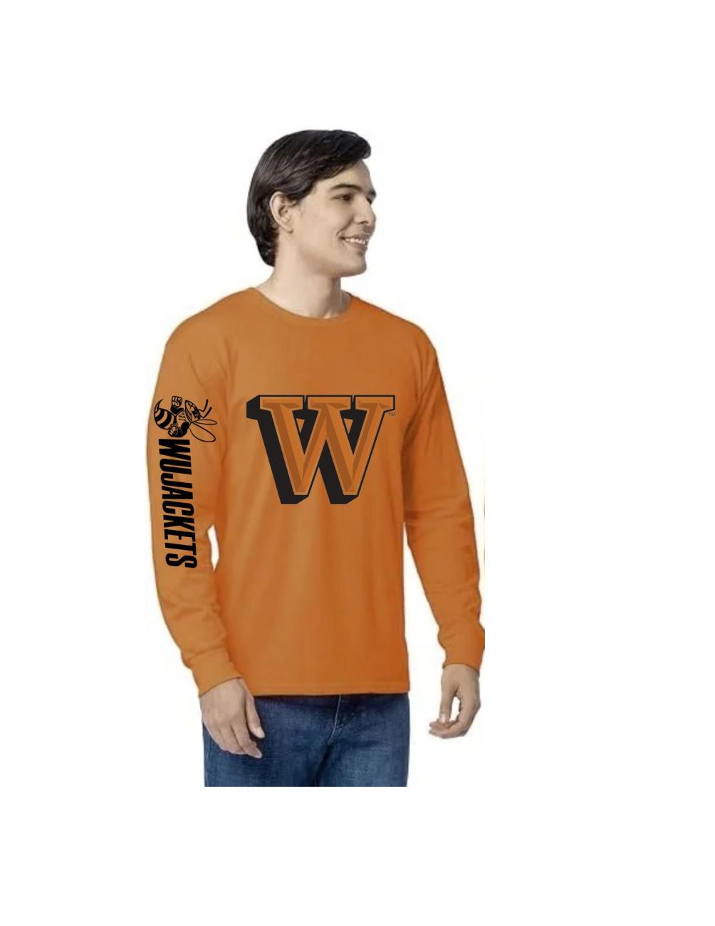 Stock image of an orange long sleeve shirt with the Waynesburg University W on the front and "WU Jackets" with Sting on the arm.