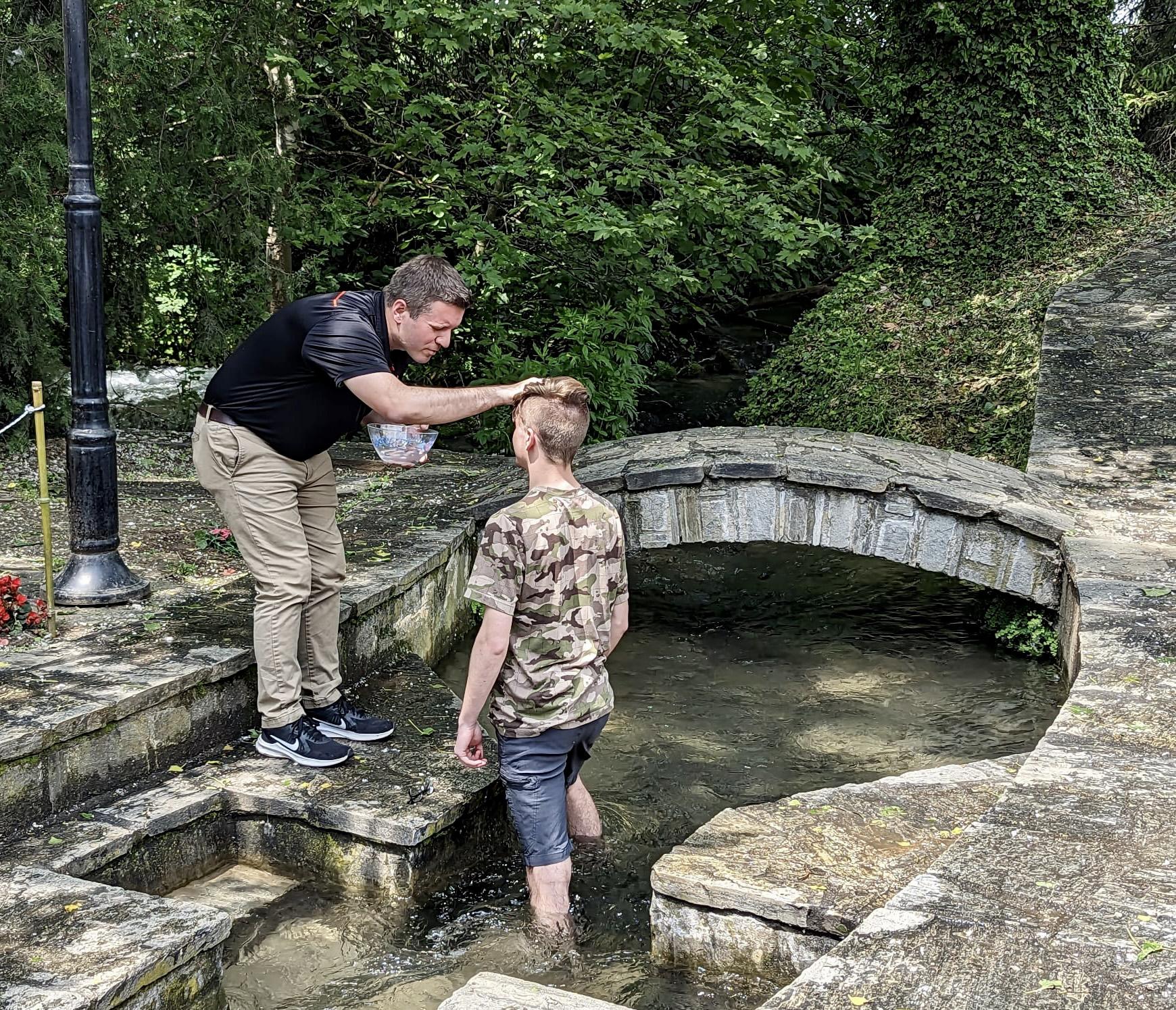 Baptism of student at St. Lydia’s Baptistery outside of Philippi, Greece