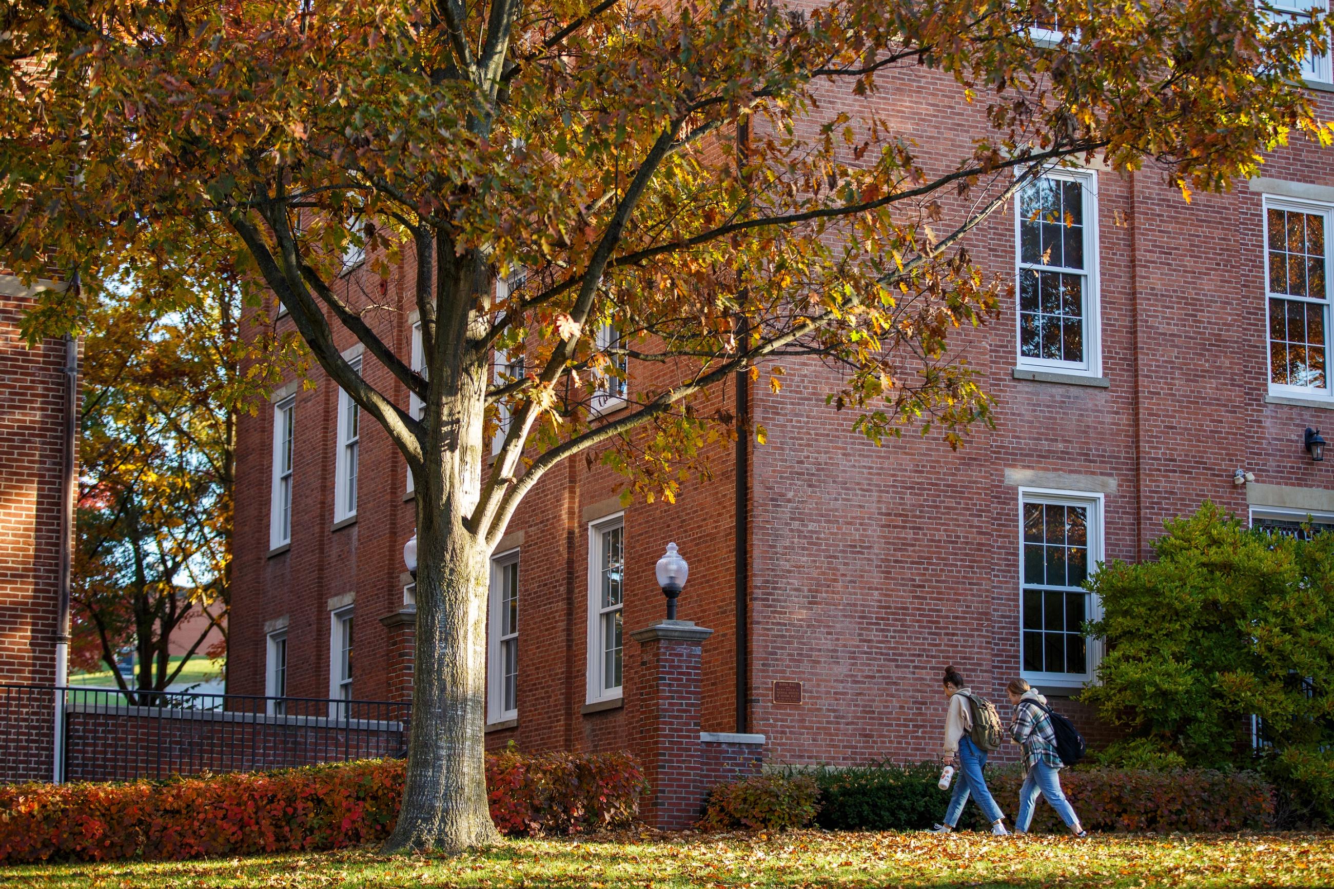 Students walk behind Hanna Hall