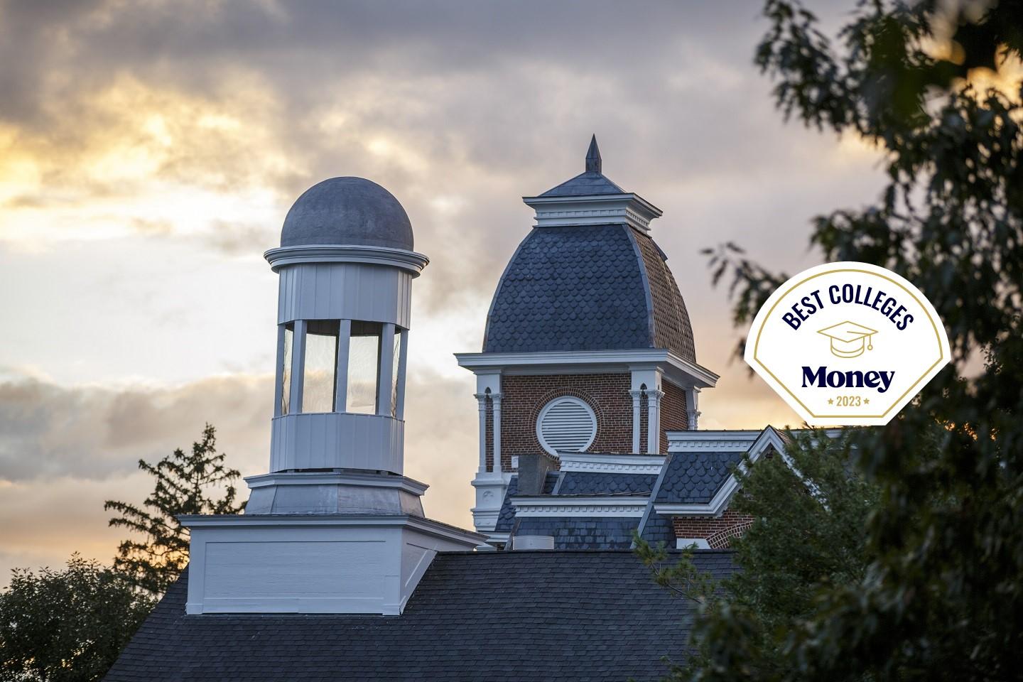 Hanna and Miller halls pictured with the Money best colleges badge