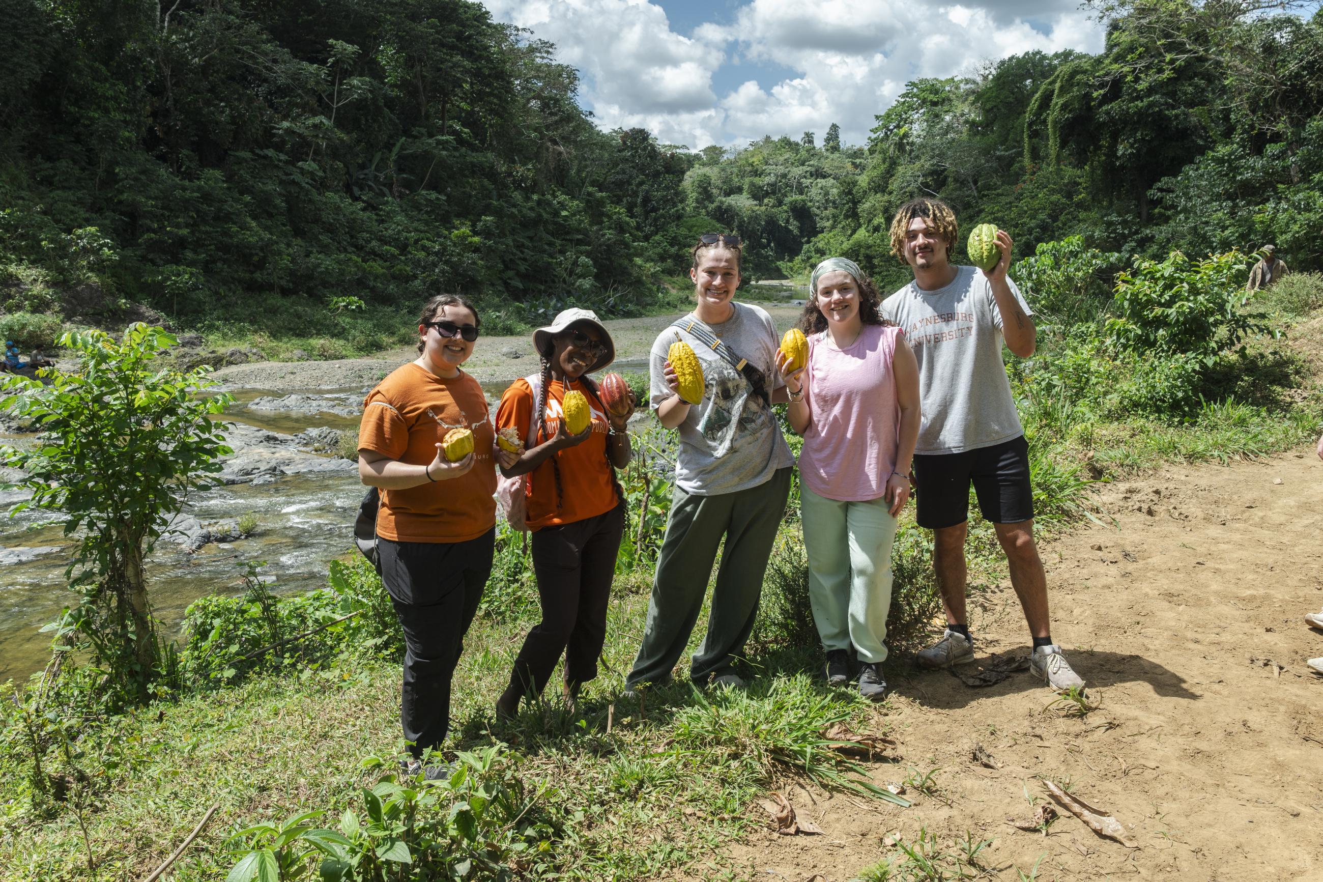 Five people hold up yellow and green cacao beans.