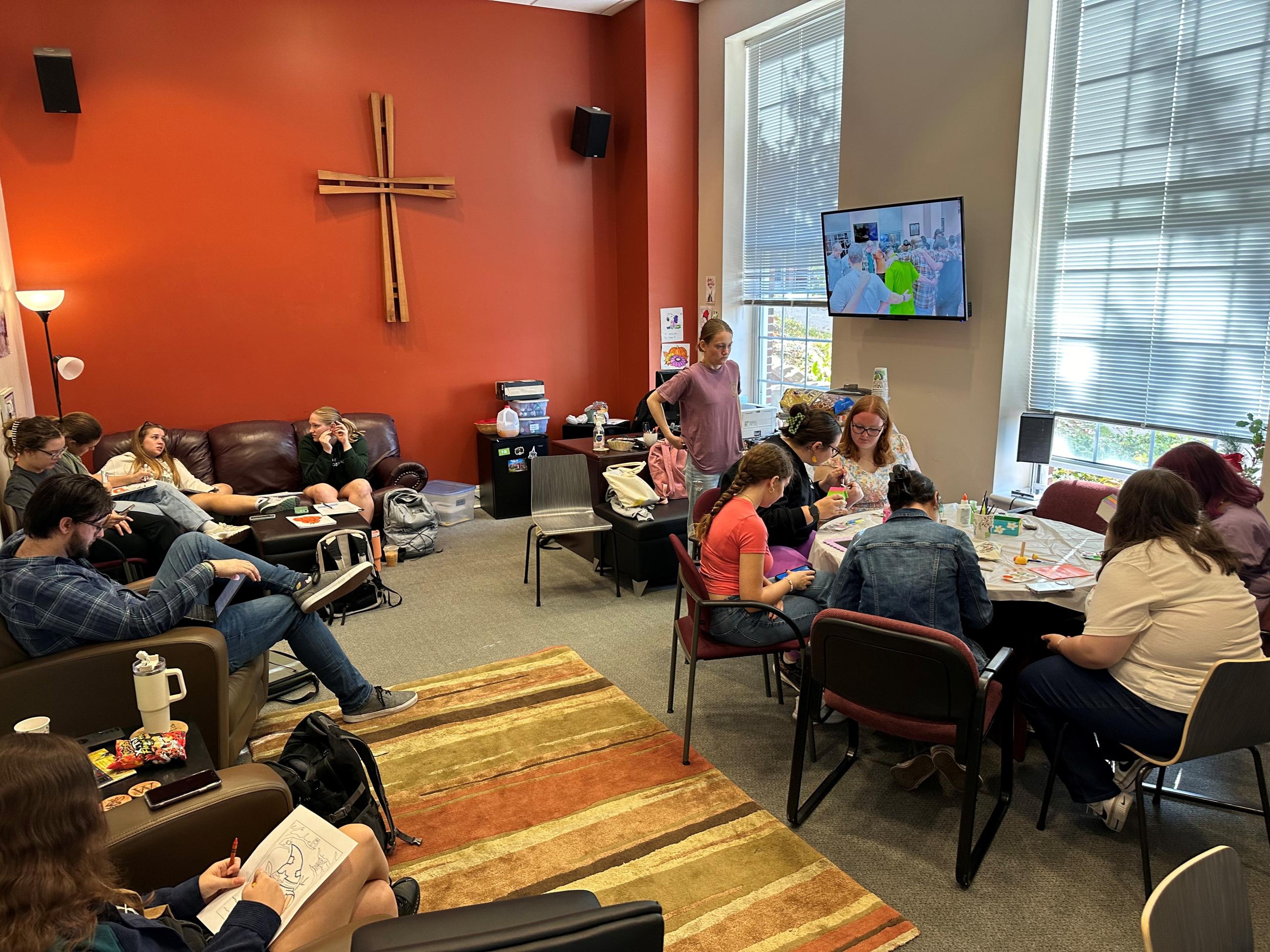 Students gather in the Center for Campus Ministry