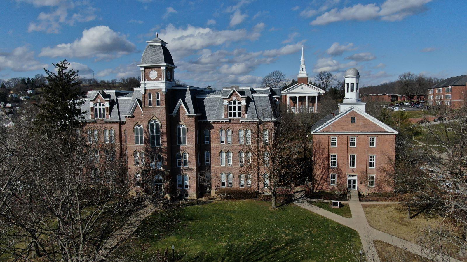 A drone image of Miller Hall, Roberts Chapel and Hanna Hall in a row