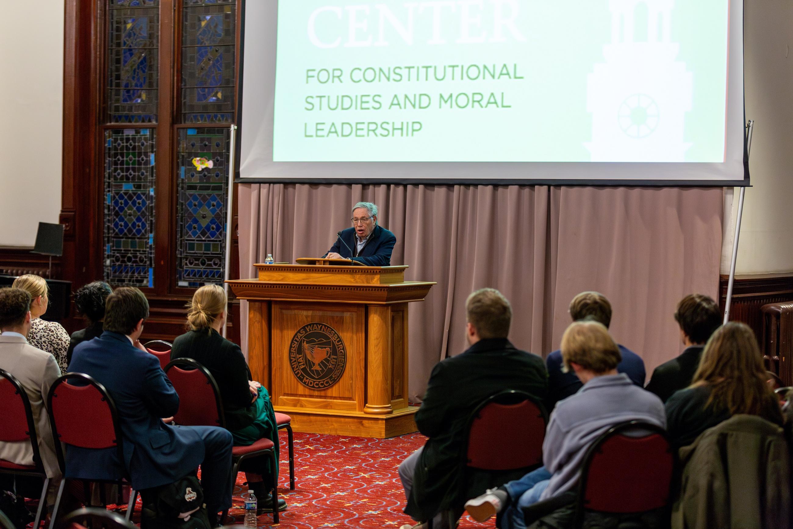 Professor Richard A. Epstein lecturing at Waynesburg University's campus