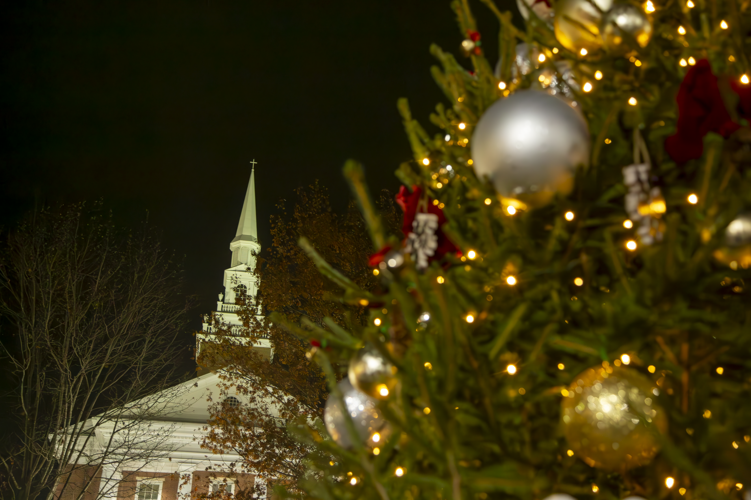 Waynesburg University's Christmas Tree in Johnson Commons with Roberts Chapel in the background