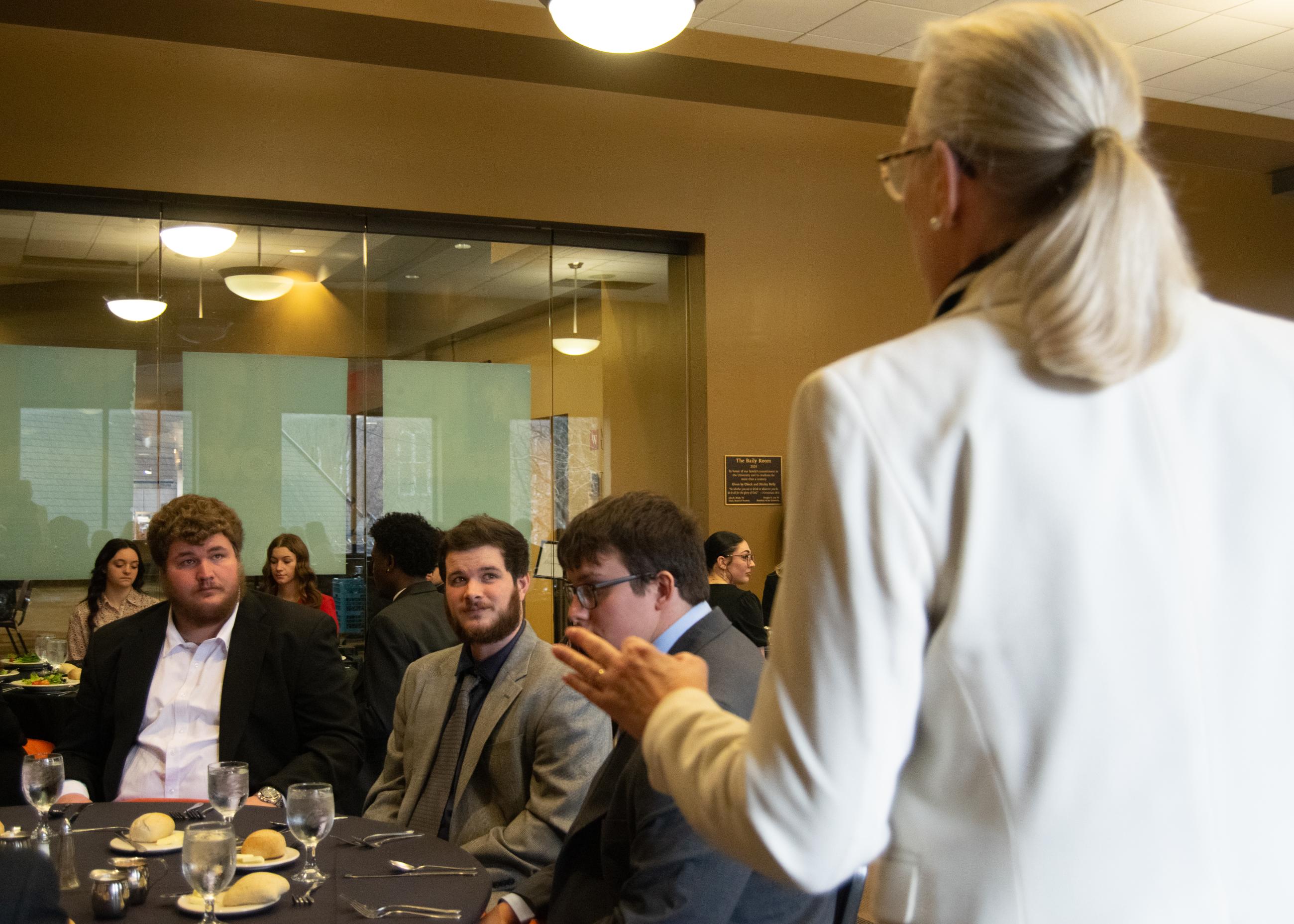 Etiquette Luncheon led by Provost Walls in the Baily Glass Room in Benedum Dining Hall