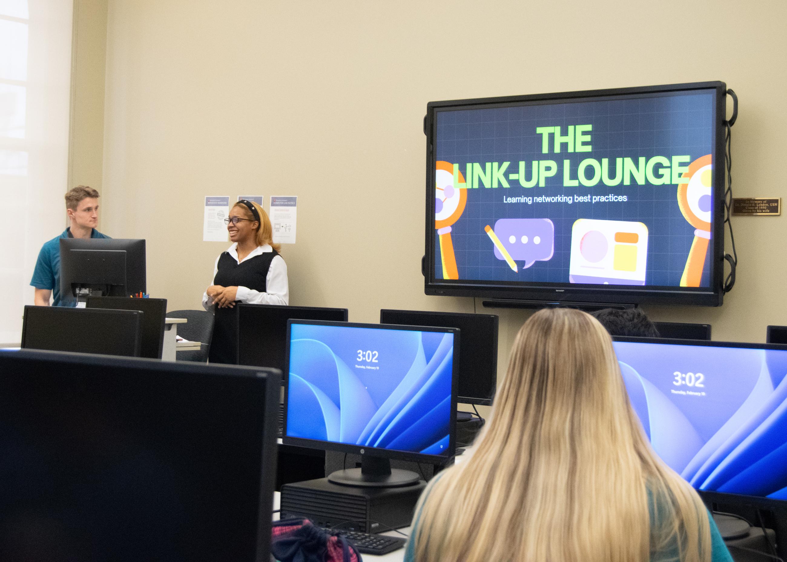 The Link-Up Lounge, a networking and LinkedIn workshop hosted by Student-Athlete Success Coordinator Kayla Green in the Tony Computer Lab, Eberly Library