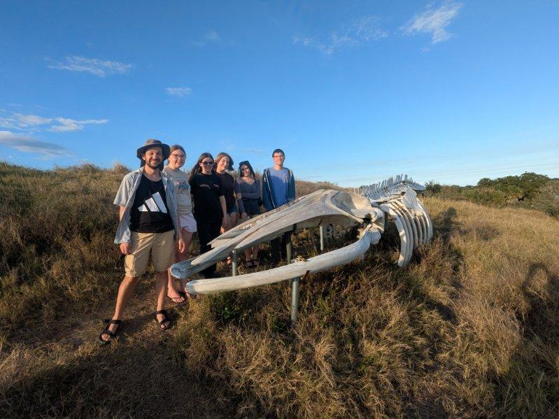 Leaders and students stand in front of a very large skeleton.