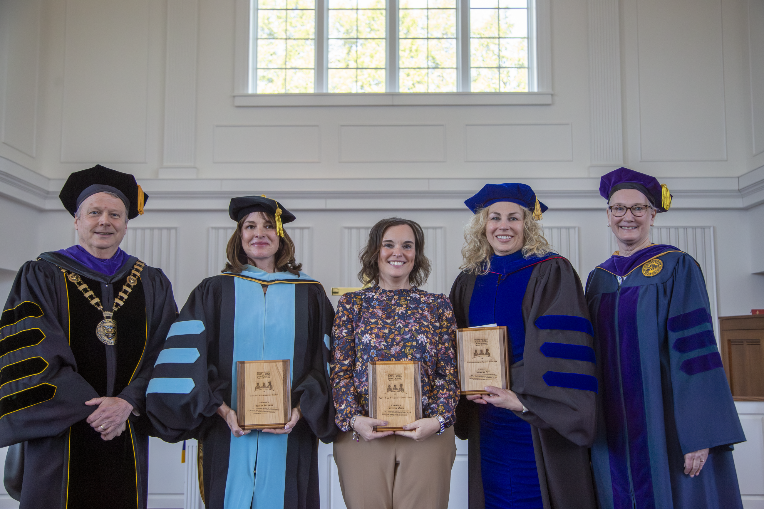 President Lee and Provost Mindy Walls (far right) with Lucas-Hathaway Teaching Award Recipients Dr. Kelley Solomon, Melissa Wood and Dr. Jennifer Roy