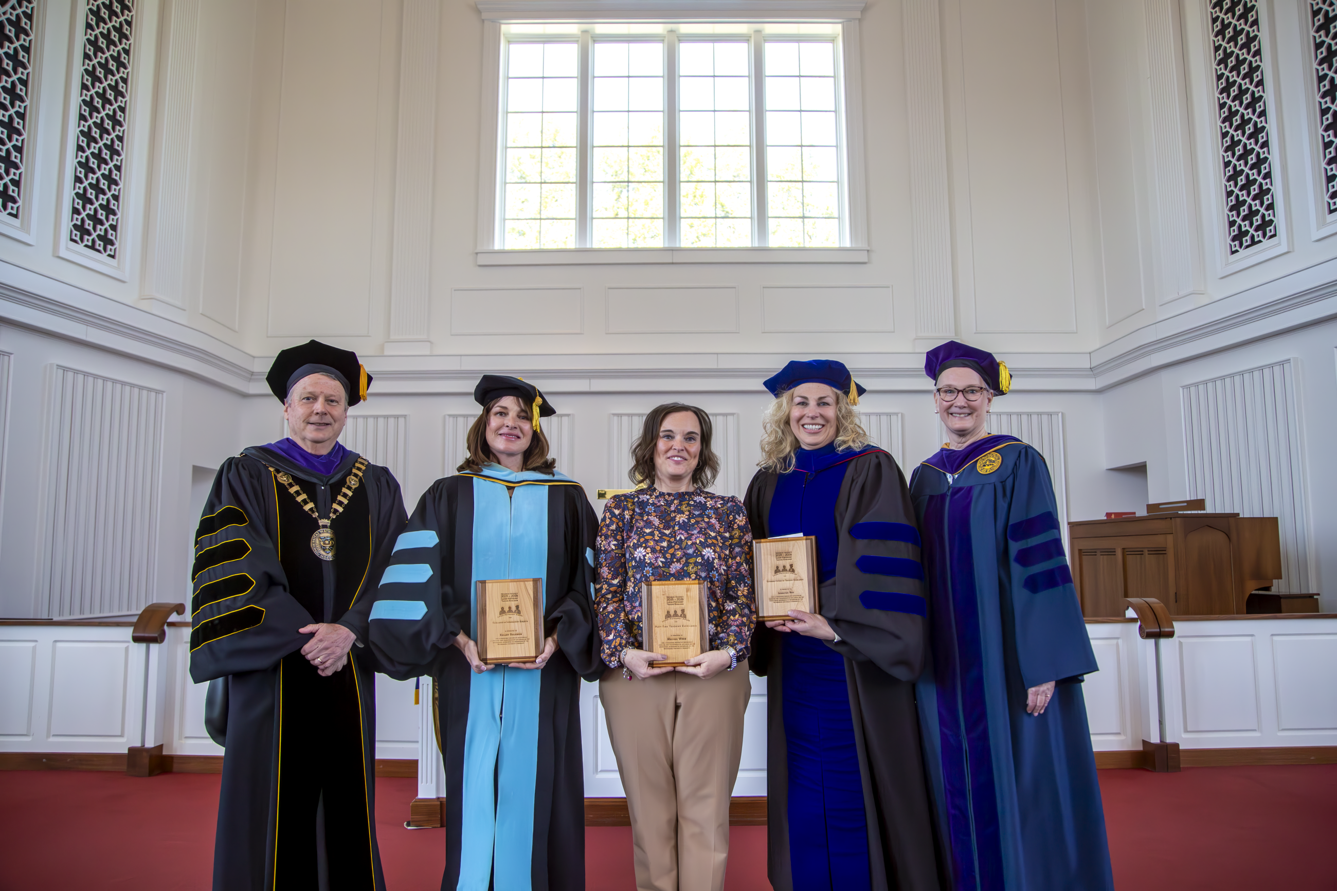 Pictured left to right: President Douglas G. Lee, Dr. Kelley Solomon, Melissa Wood, Dr. Jennifer Roy and Provost Mindy Walls