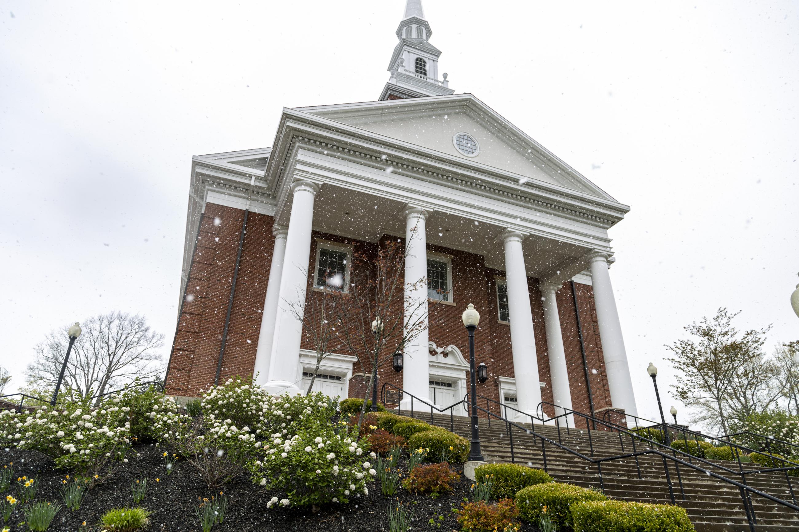Roberts Chapel during a springtime snowfall
