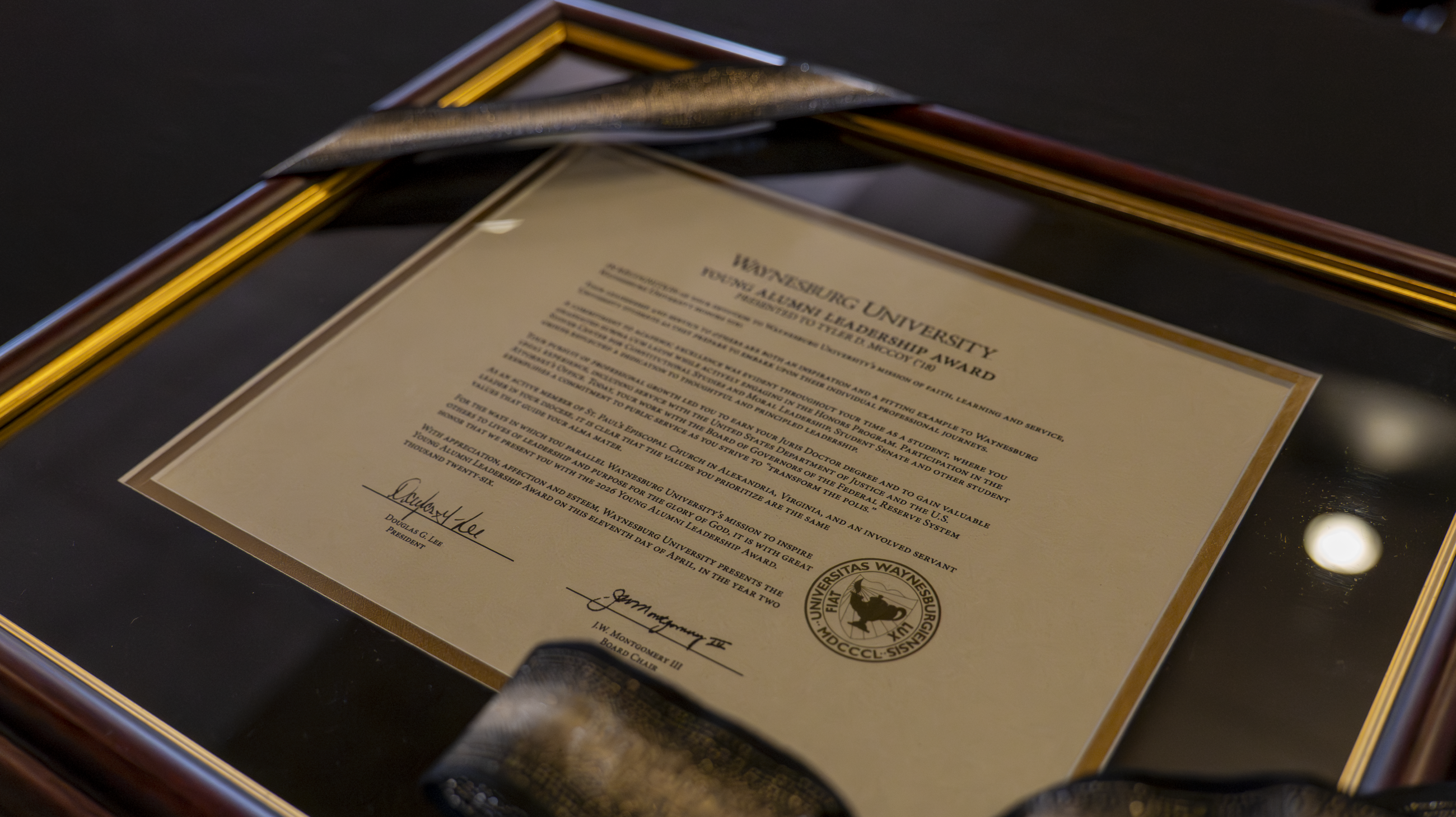 The framed Young Alumni Leadership Award