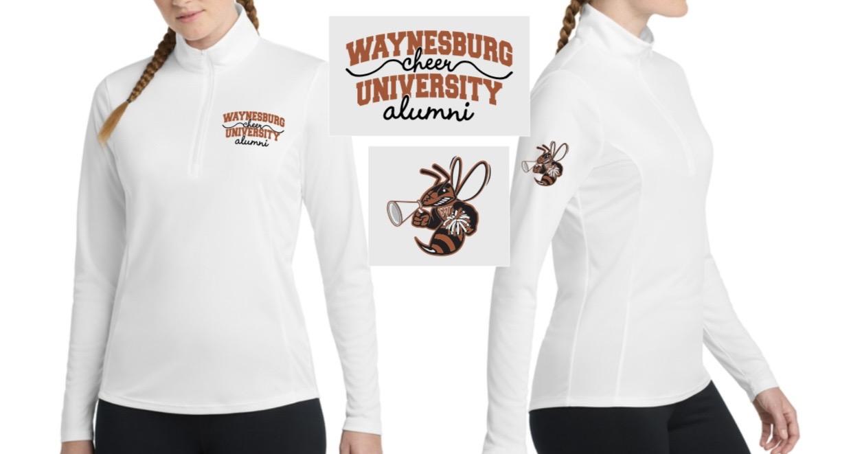 Cheerleading Alumni Day 2026 white quarterzip with the mascot Sting on the arm and "Waynesburg University cheer alumni" on the chest.