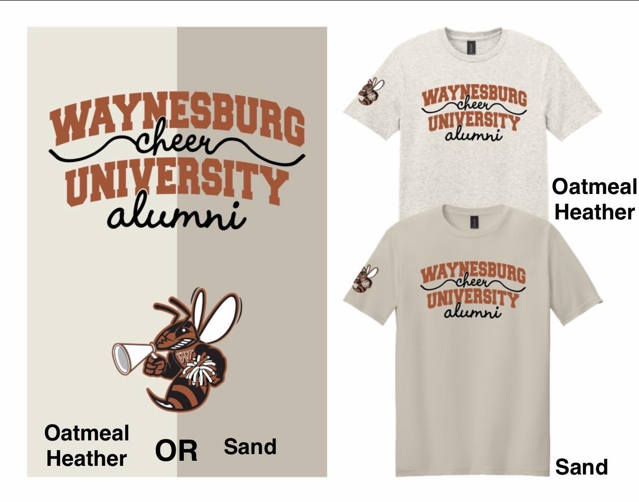 Cheerleading Alumni Day 2026 oatmeal t-shirt with mascot Sting on the arm and "Waynesburg University Cheer Alumni" on the front.