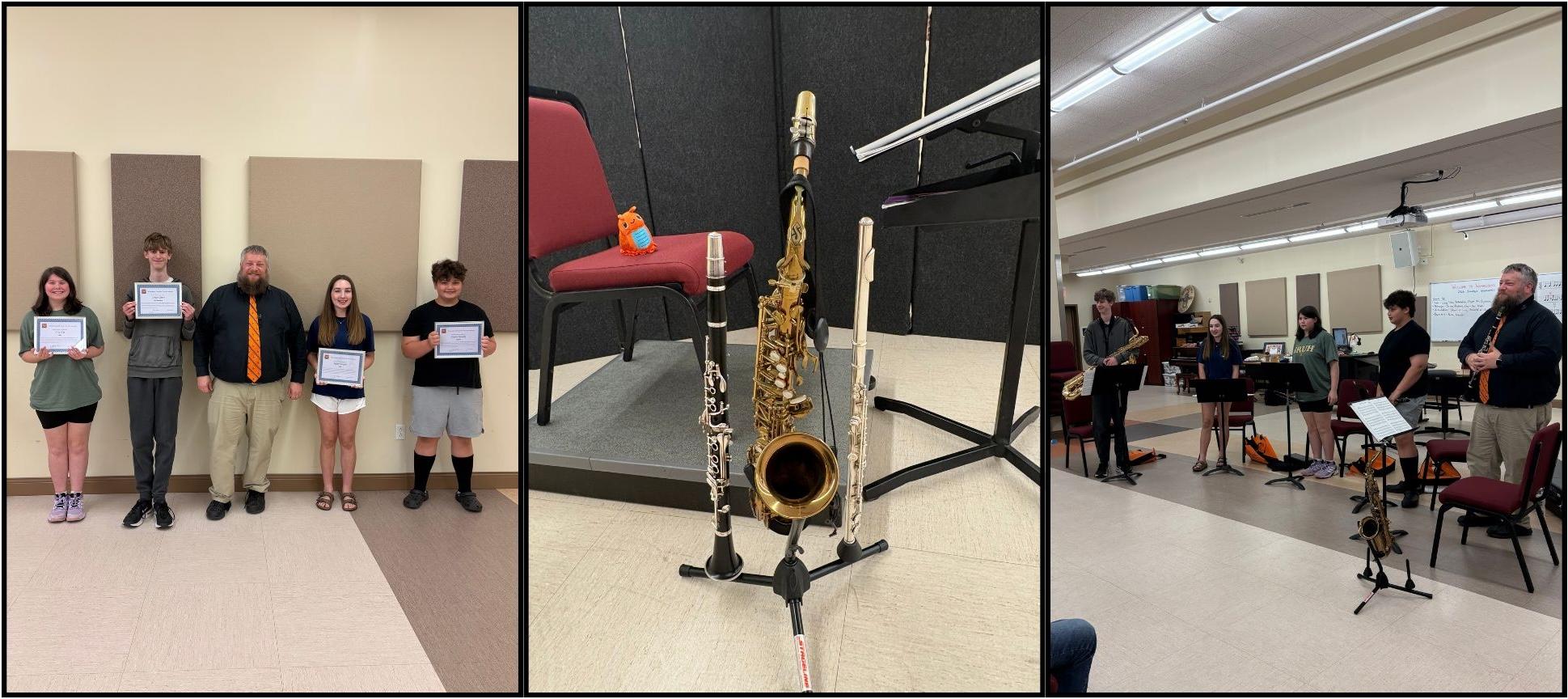 A set of three photos are shown with student participants of the 2026 camp and their instruments.