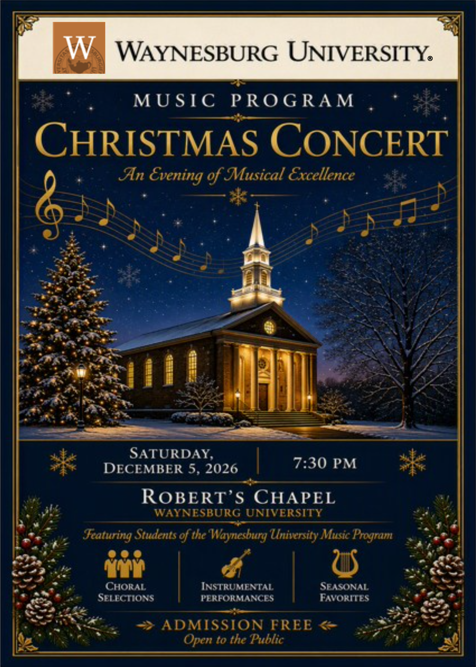 Waynesburg University Music Program Christmas Concert poster