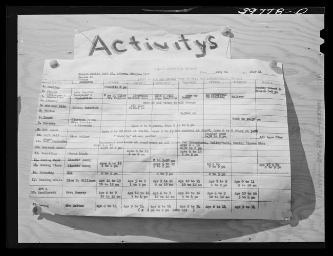 Schedule of camp activities at the FSA (Farm Security Administration) migratory farm labor camp mobile unit. Athena, Oregon