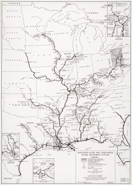 Map: Mississippi River and tributaries, inland waterways system.