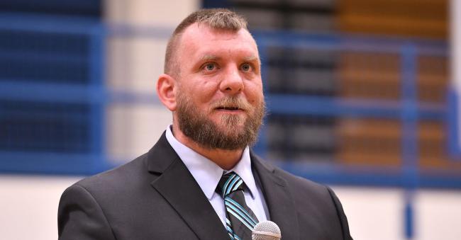 Nathan Tedjeske speaks at the assembly