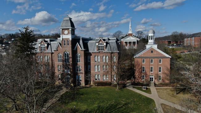 A drone image of Miller Hall, Roberts Chapel and Hanna Hall in a row