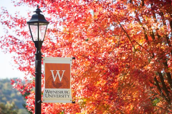 A black lamppost with a Waynesburg University sign hanging from the right; trees with orange leaves in the background