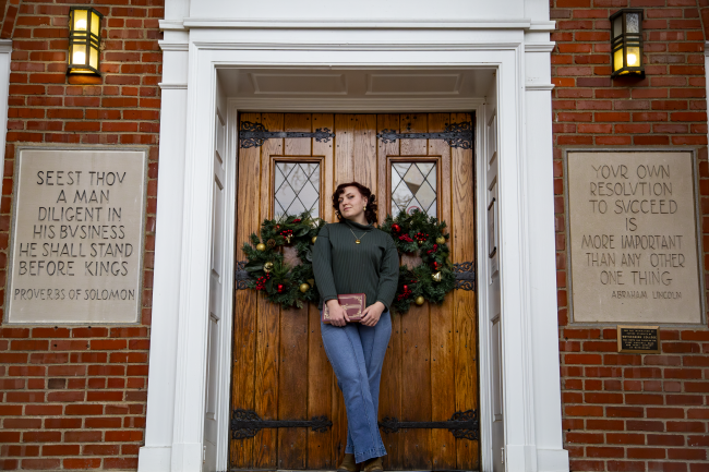 Katherine Jameson pictured in front of Eberly Library