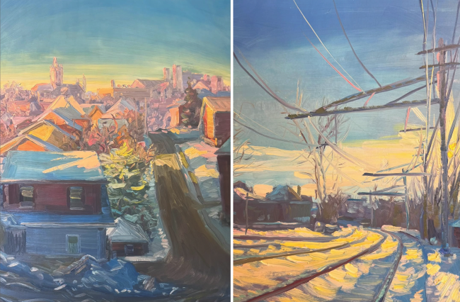 Photographs of two of Hoffman's paintings featuring winter scenes in the suburbs