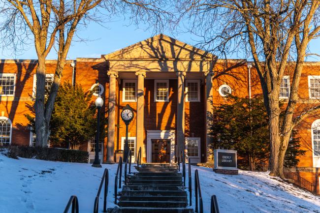 A wintry photo of Eberly Library, where the Pathways Center is housed on its bottom floor