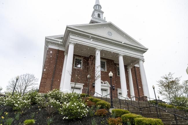 Roberts Chapel during a springtime snowfall