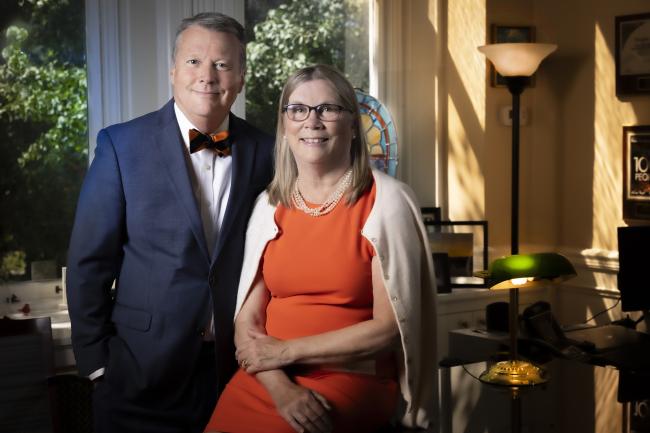 A portrait of President and Mrs. Lee in his office.