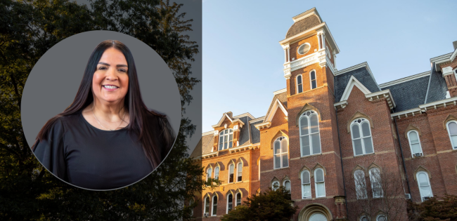 Miller Hall as the background with a photo of Sherry Zak on the left-hand side.