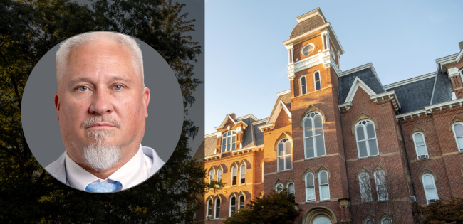Miller Hall in the background with a photo on the left-hand side of Timothy Gilbert.