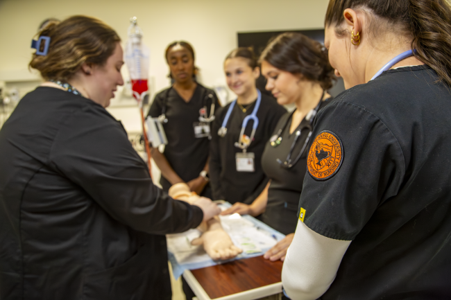 Nursing students utilizing hands-on learning tools including a synthetic arm