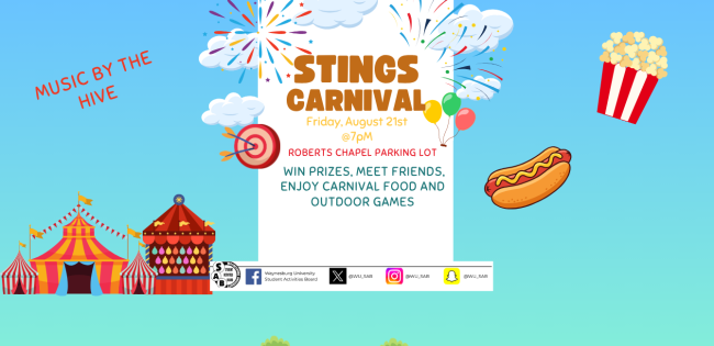 New Jacket Orientation Presents Sting's Carnival. Friday, August 21 at 7:00 pm. Stop by to win prizes, meet friends, and enjoy carnival food and outdoor games.