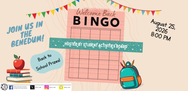 Welcome Back Bingo, hosted by the Student Activities Board is being held in the Benedum Dining Hall. Meet new people, make new friends. 