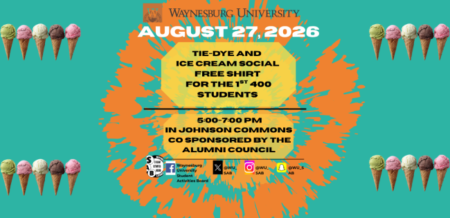 New Jacket Orientation Presents the Tie-Dye and Ice Cream Social on August 27 from 5:00 pm - 7:00 pm. The first 400 students get a free T-Shirt. 
