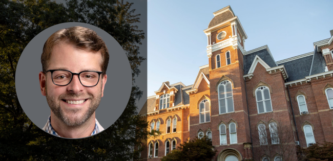 Miller Hall in the background with a photo on the left side of Dr. Ed Sutter