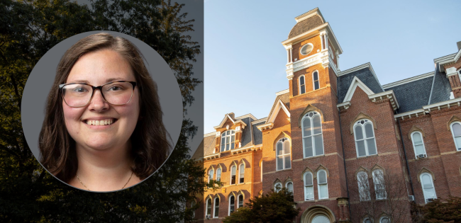 Miller Hall in the background with a photo on the left side of Dr. Sarah Bell