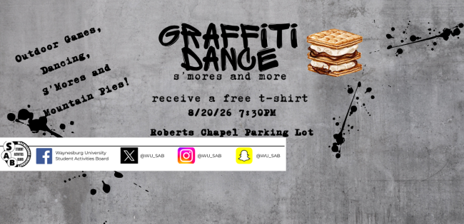 New Jacket Orientation presents a Graffiti Dance! Enjoy outdoor games, dancing, s'mores, mountain pies and more! Receive a free t-shirt!