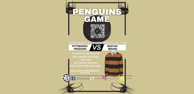 The puck drops at 7:00 PM for an exciting hockey night in Pittsburgh. Penguins vs the Boston Bruins. Enjoy a free Rugby shirt with your ticket purchase. Tickets are limited. 
